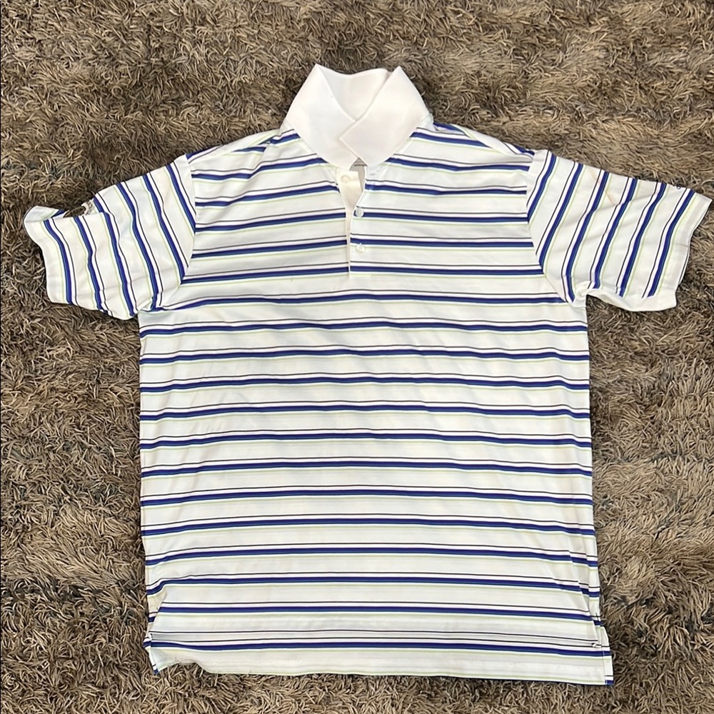 Adidas: Blue and White Striped Polo Shirt